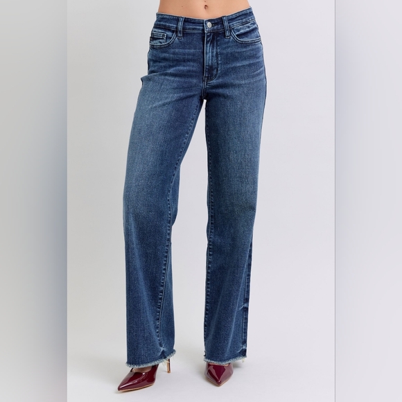 Judy Blue Mid-Rise Straight Leg Boyfriend Relaxed Jeans Raw Hem Denim Pants - Picture 1 of 16